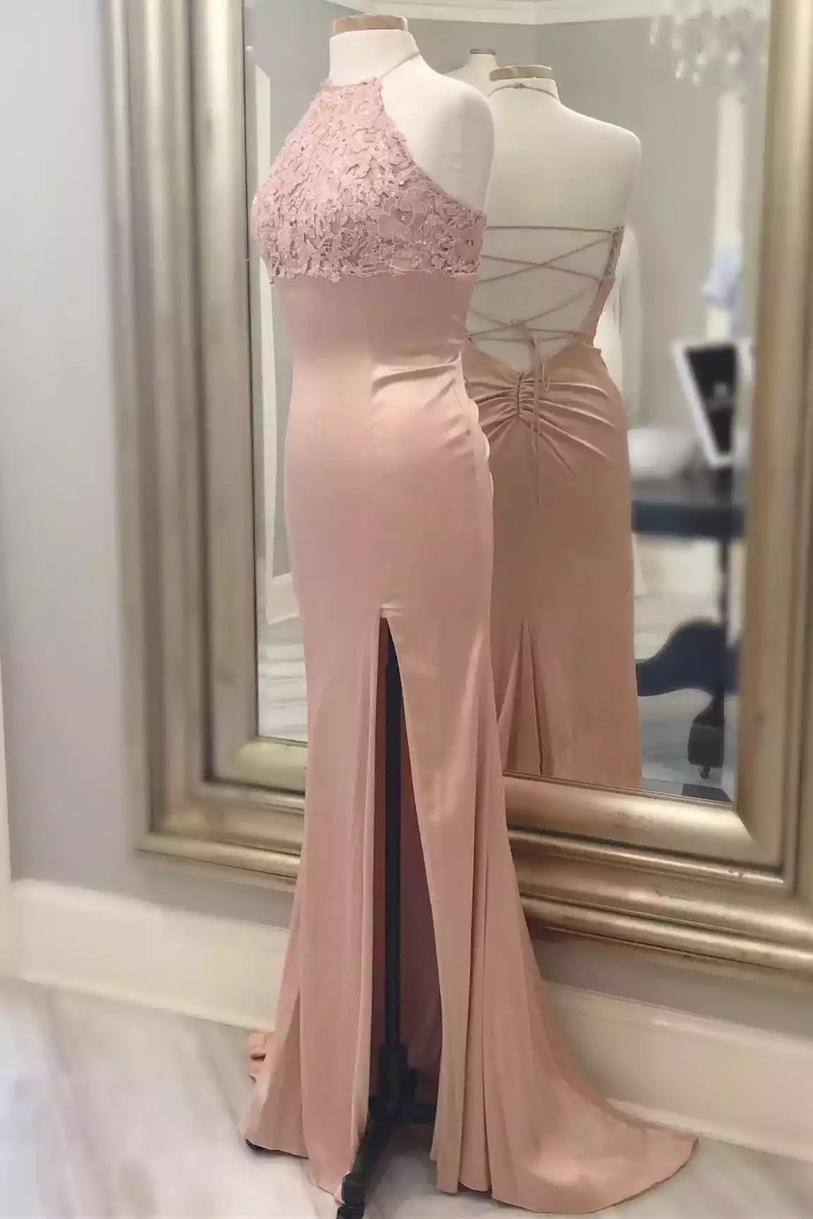 Elegant Blush Satin Halter Gown with Lace Bodice & Lace-Up Back