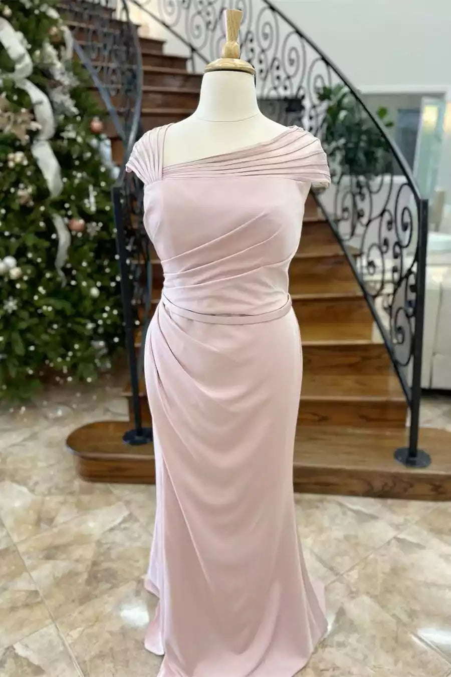 Elegant Blush Satin Mermaid Gown with Asymmetric Pleated Shoulder