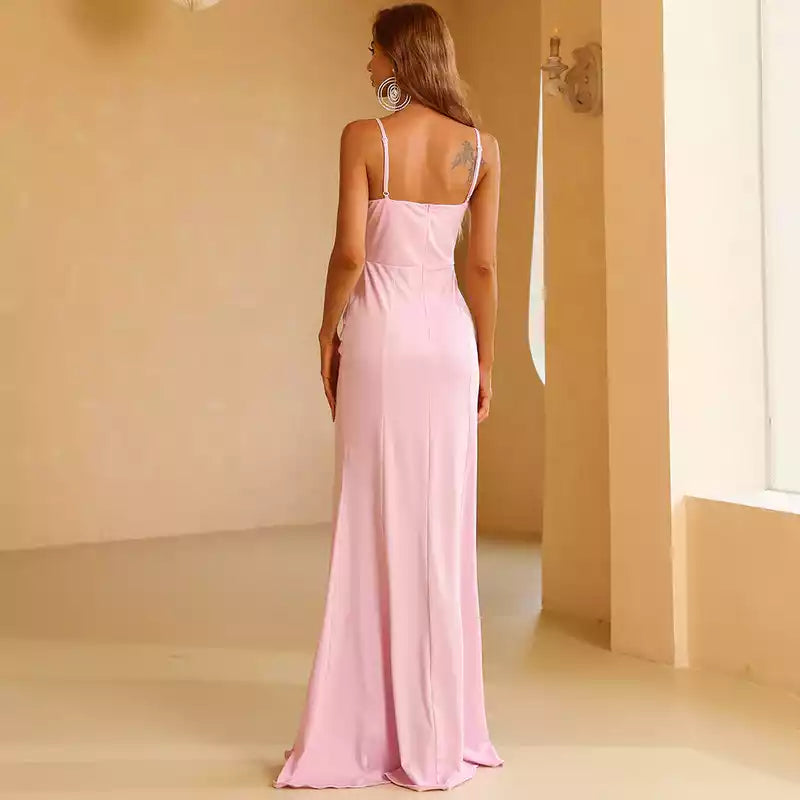 Elegant Blush Satin Mermaid Gown with Deep V-Neckline & High Side Slit