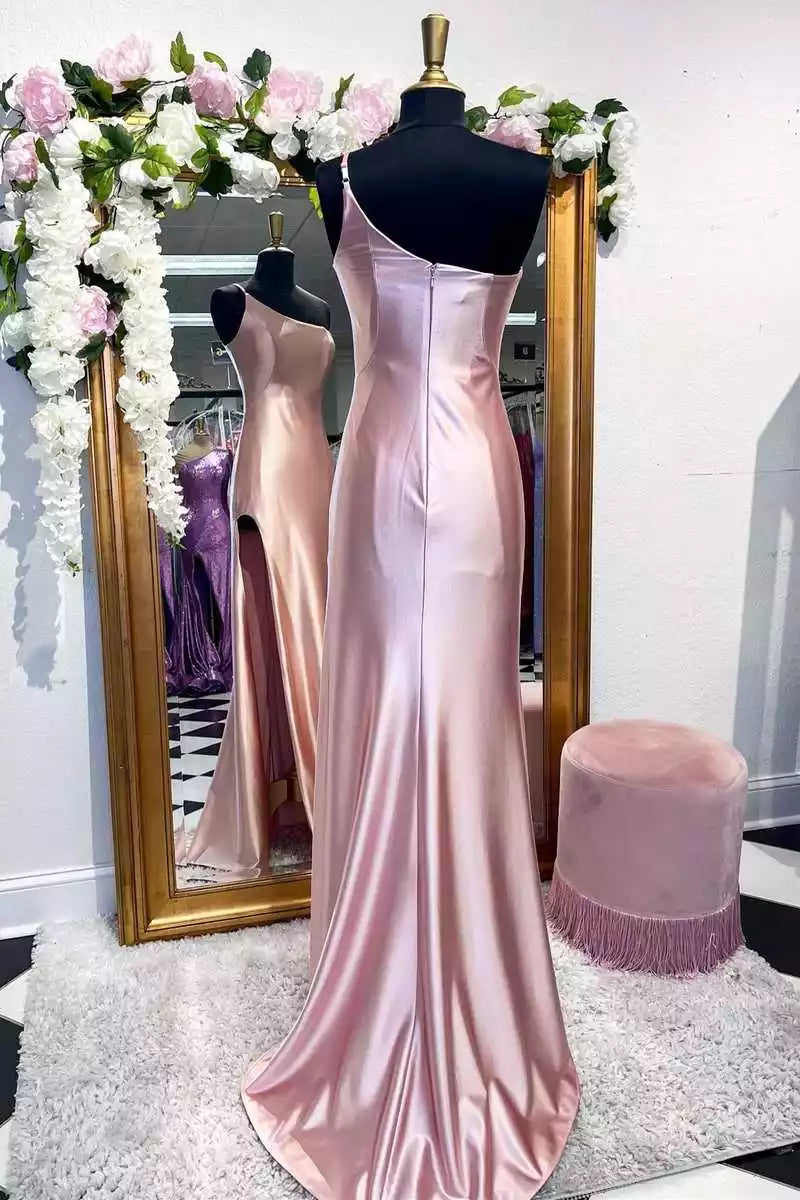 Elegant Blush Satin One-Shoulder Gown with High Side Slit & Train
