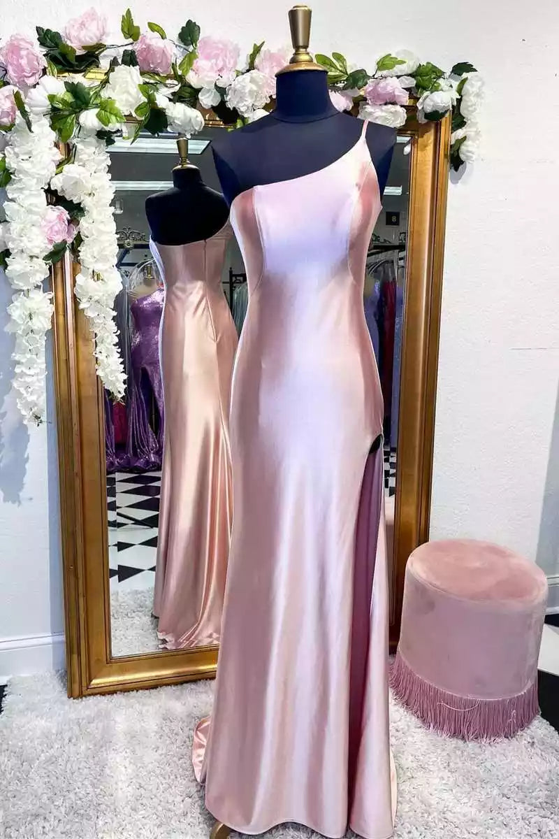 Elegant Blush Satin One-Shoulder Gown with High Side Slit & Train
