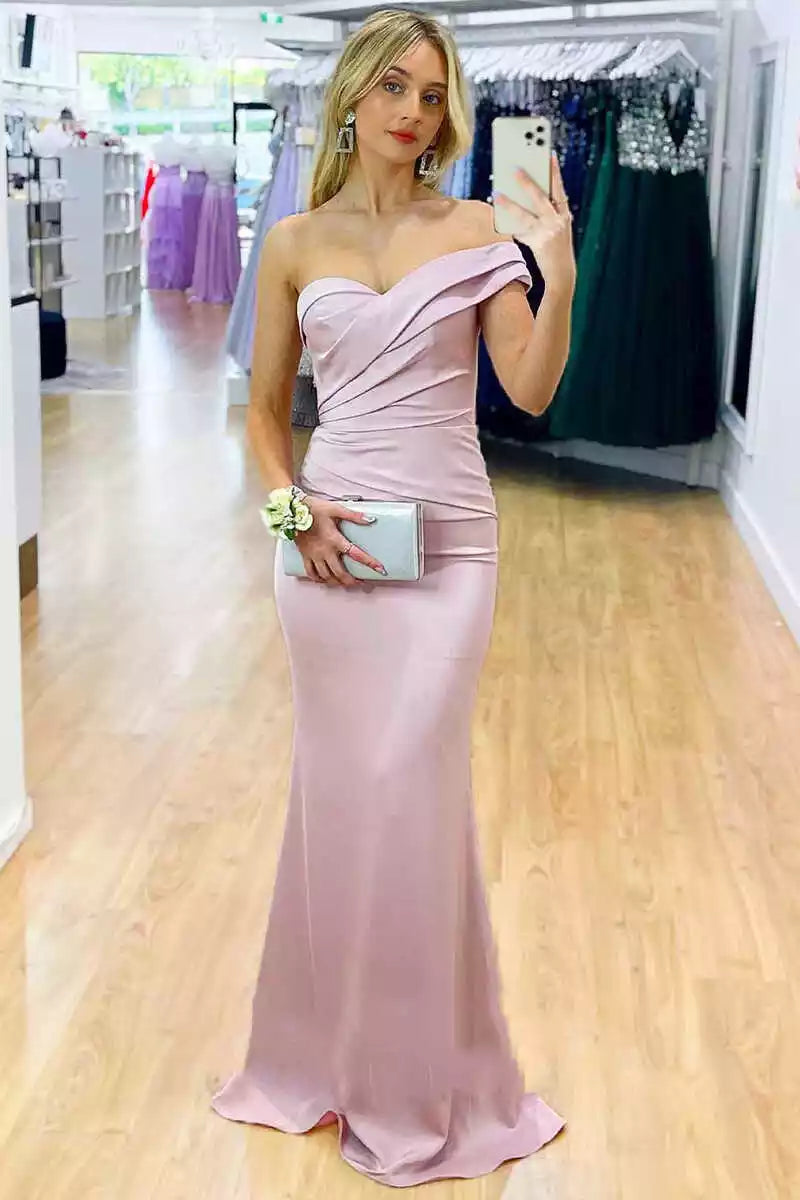 Elegant Blush Satin One-Shoulder Mermaid Gown