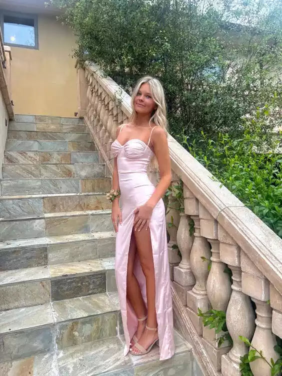 Elegant Blush Satin Slip Gown with Spaghetti Straps & High Slit