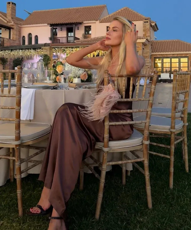 Elegant Bronze Satin Cowl Neck Bias-Cut Slip Gown