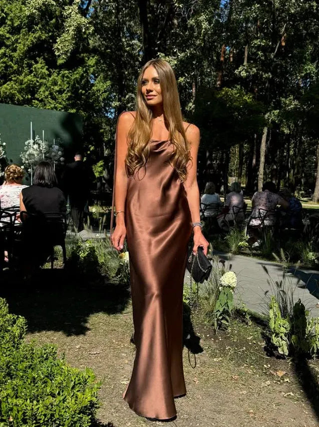 Elegant Bronze Satin Cowl Neck Bias-Cut Slip Gown