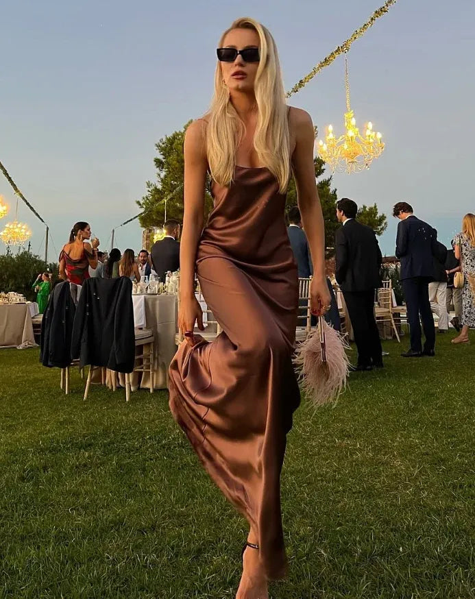 Elegant Bronze Satin Cowl Neck Bias-Cut Slip Gown