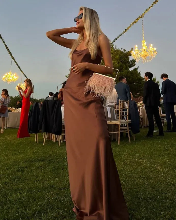 Elegant Bronze Satin Cowl Neck Bias-Cut Slip Gown