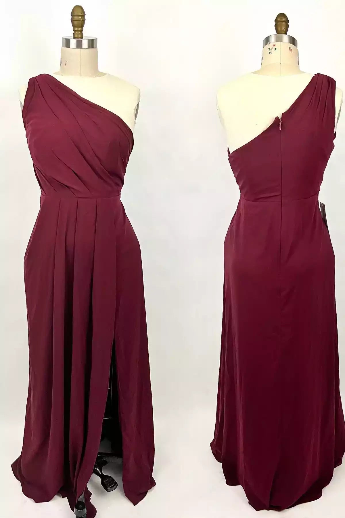 Elegant Burgundy Asymmetrical Gown with Draped Bodice & Side Slit