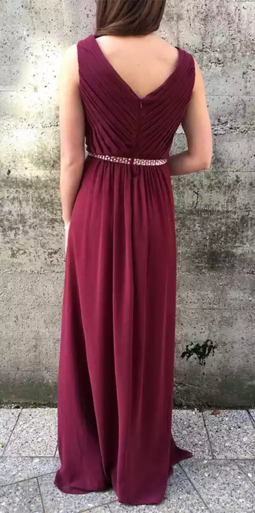 Elegant Burgundy Chiffon Gown with Deep V-Neck & Beaded Waist