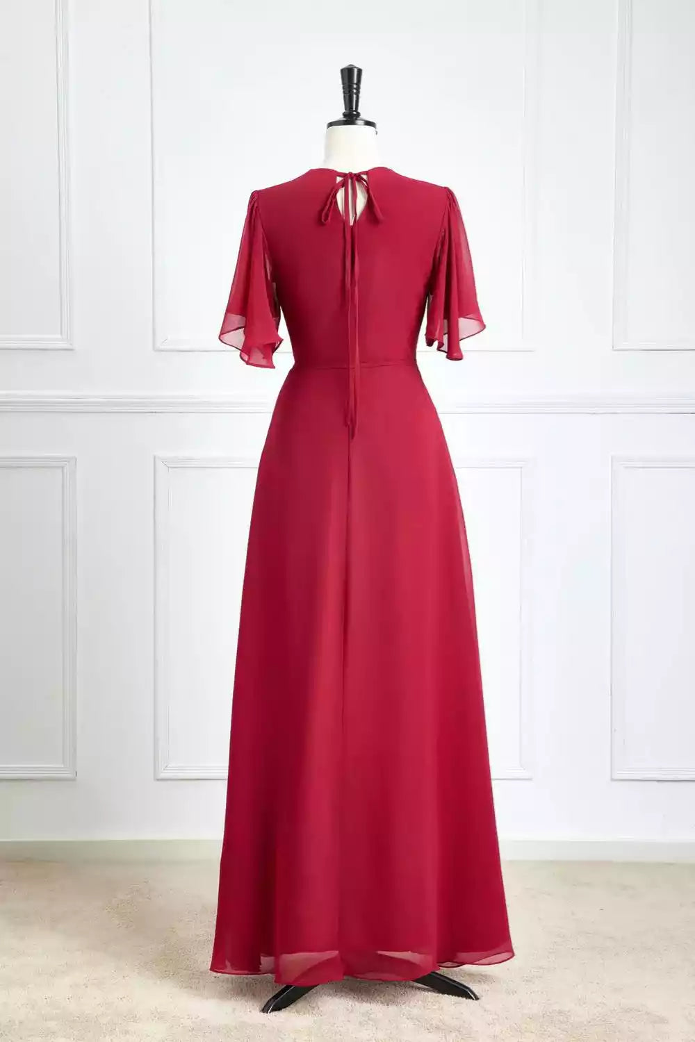 Elegant Burgundy Chiffon Gown with Flutter Sleeves & Wrap V-Neck