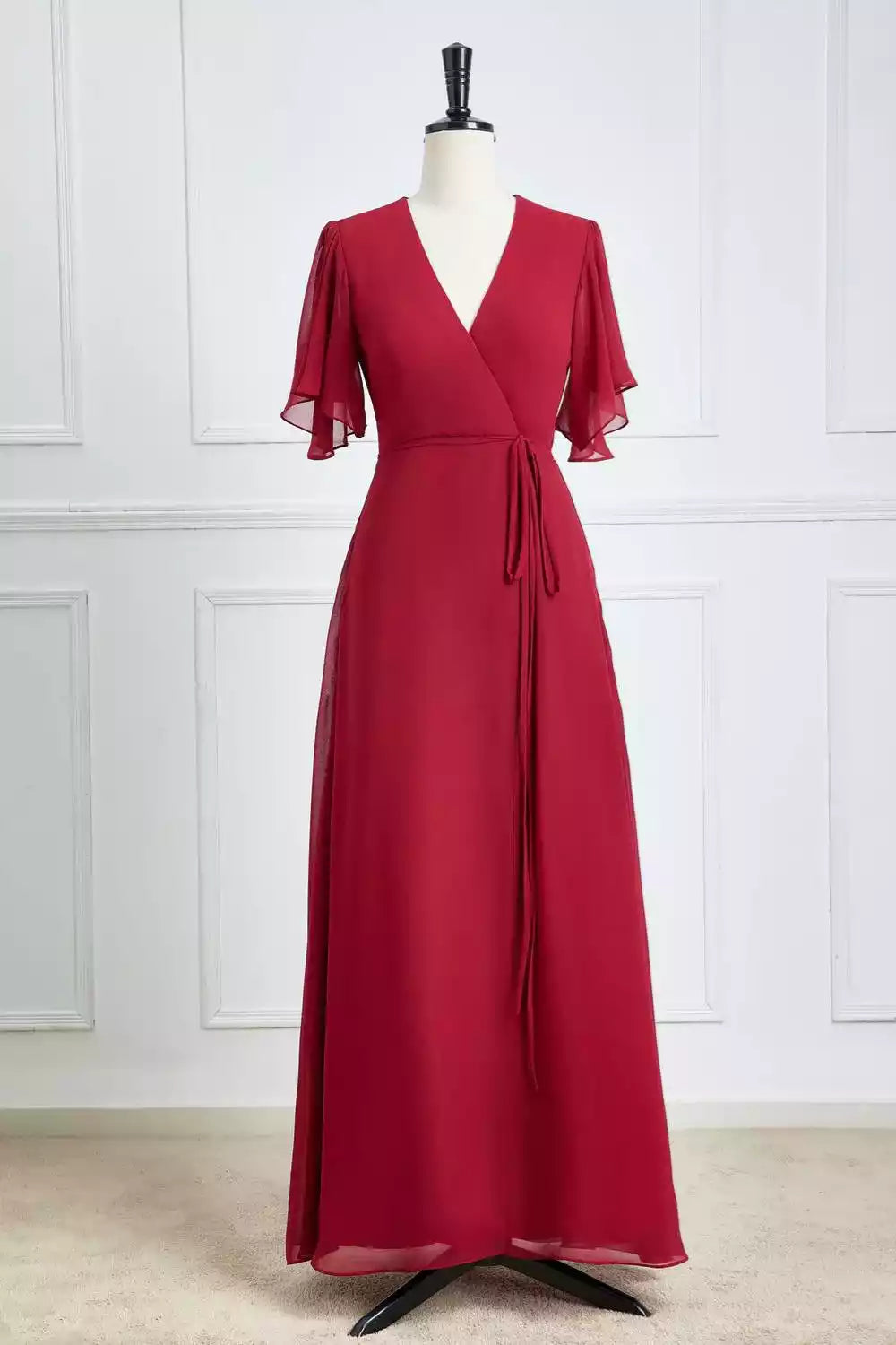 Elegant Burgundy Chiffon Gown with Flutter Sleeves & Wrap V-Neck