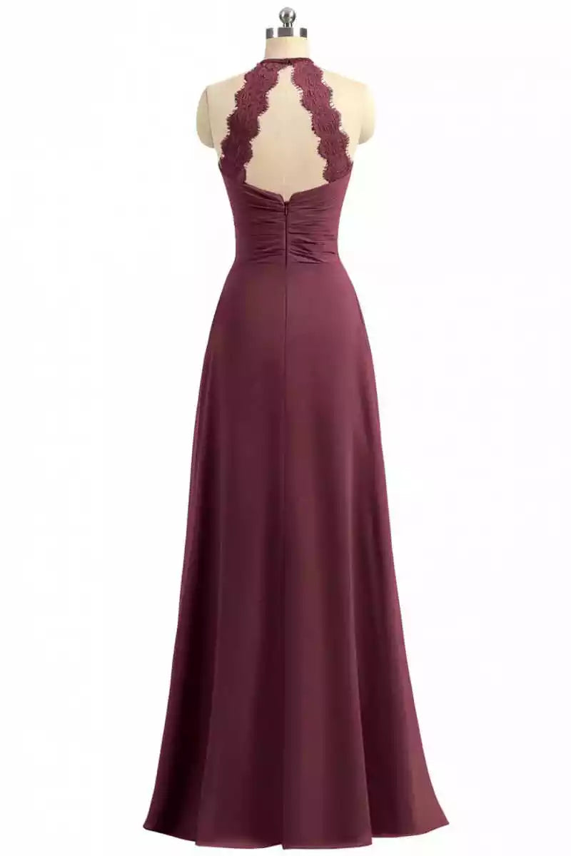 Elegant Burgundy Chiffon Gown with Halter Lace Back & Ruched Bodice