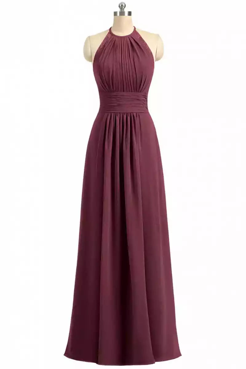 Elegant Burgundy Chiffon Gown with Halter Lace Back & Ruched Bodice