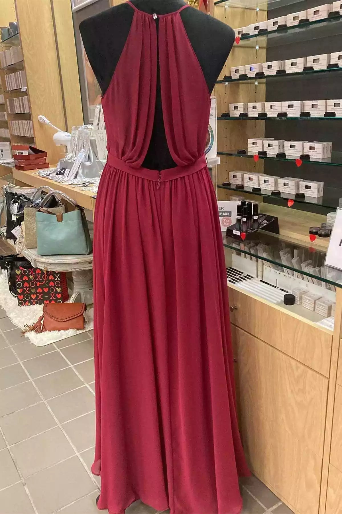 Elegant Burgundy Chiffon Gown with Halter Neck & Drape Open Back