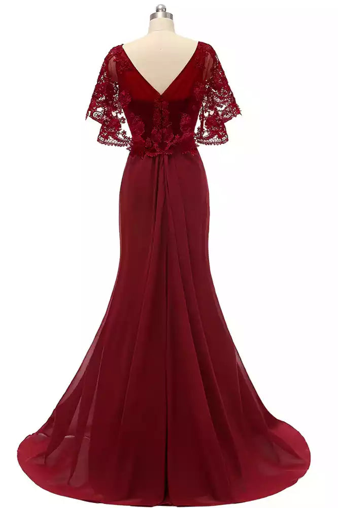 Elegant Burgundy Chiffon Gown with Lace Capelet Sleeves