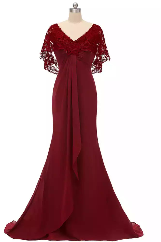 Elegant Burgundy Chiffon Gown with Lace Capelet Sleeves