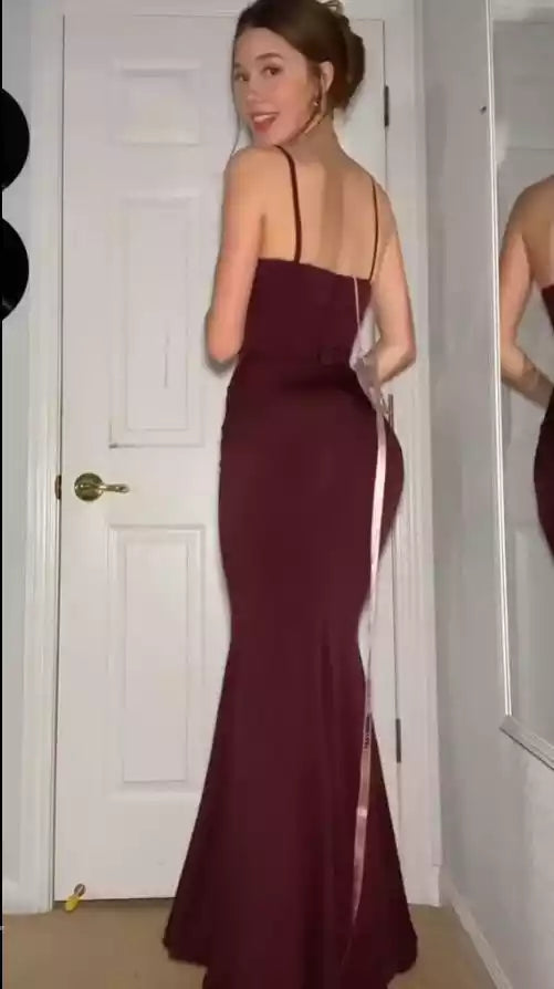 Elegant Burgundy Mermaid Gown with Square Neck & Spaghetti Straps