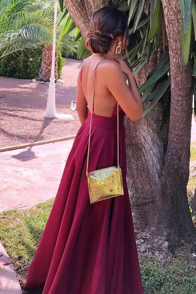 Elegant Burgundy Satin Gown with Plunging V-Neckline & Open Back