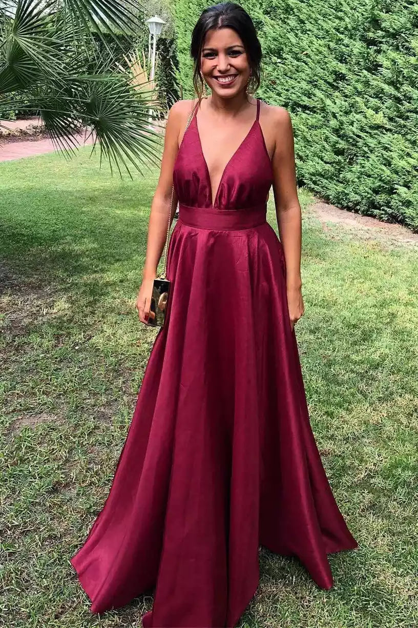 Elegant Burgundy Satin Gown with Plunging V-Neckline & Open Back