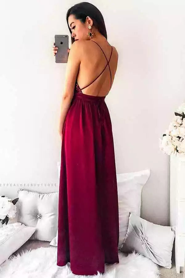 Elegant Burgundy Satin Gown with Sequin Bodice & Crisscross Back