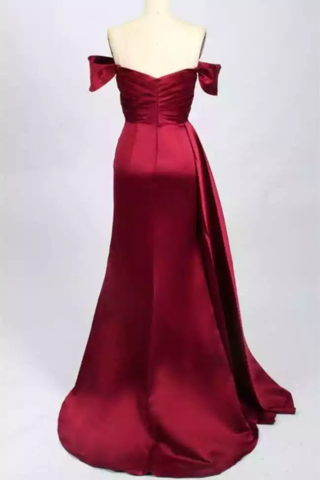 Elegant Burgundy Satin Mermaid Gown with Off-the-Shoulder Bow Details