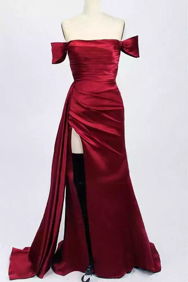 Elegant Burgundy Satin Mermaid Gown with Off-the-Shoulder Bow Details