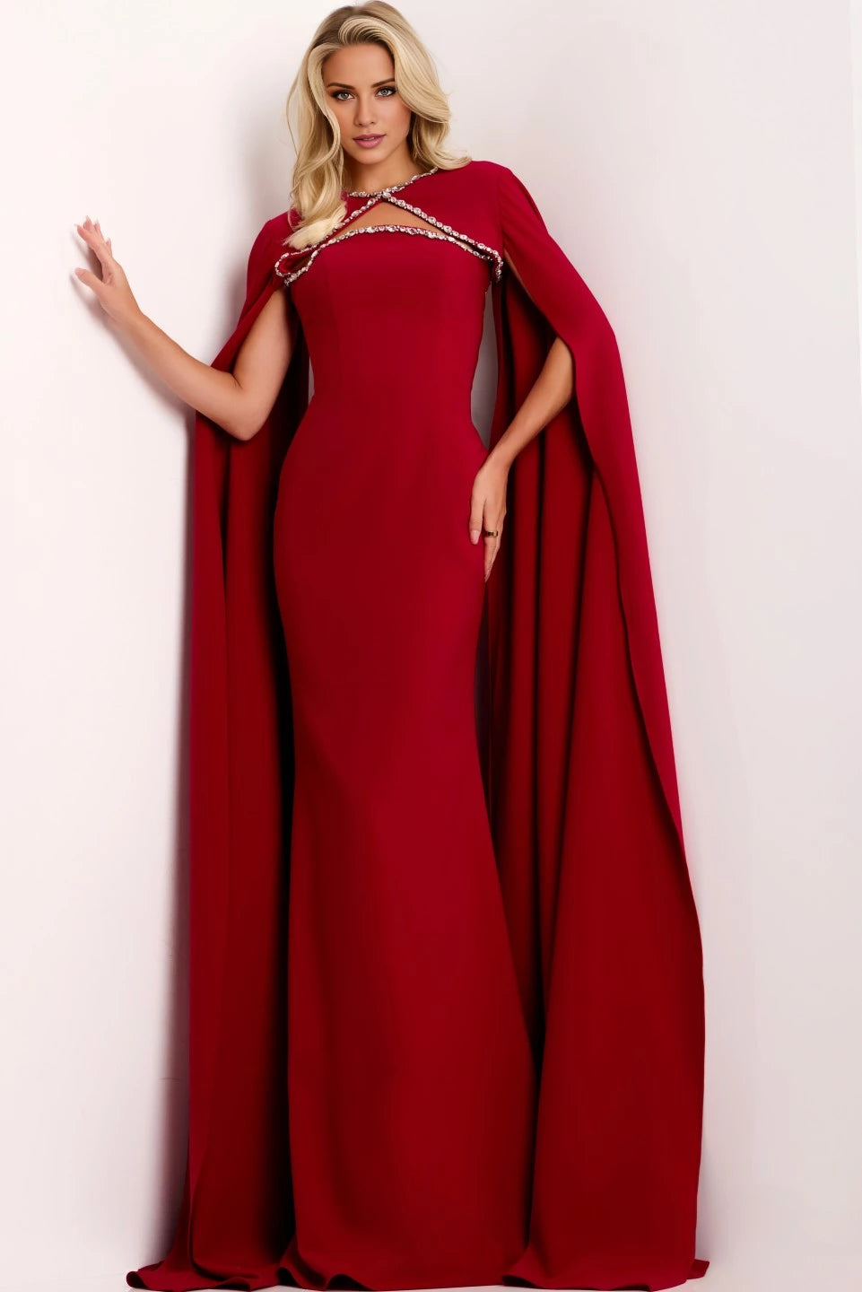 Elegant Cape Gown with Crystal Embellishments Evening Dresses