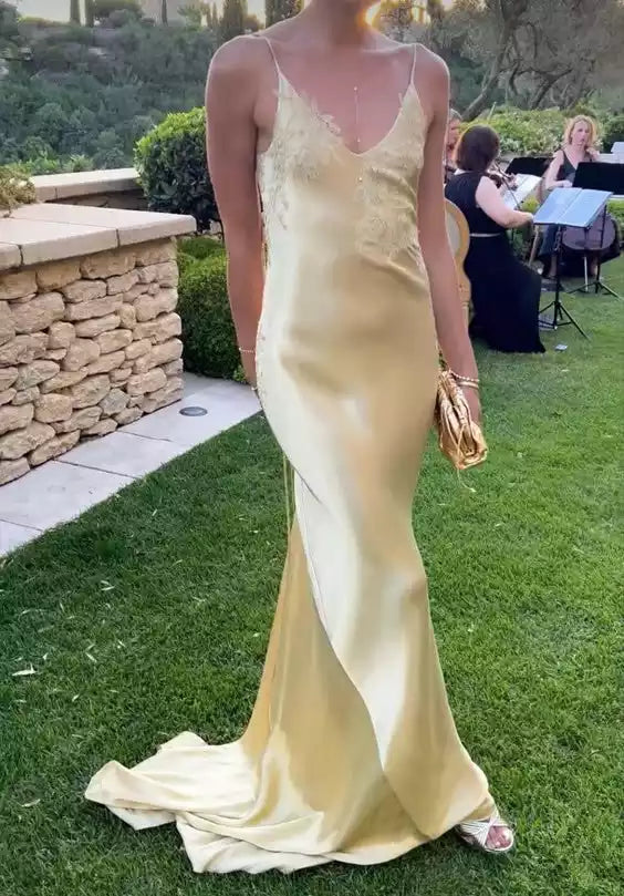 Elegant Champagne Satin Gown with Deep V-Neck & Open Back