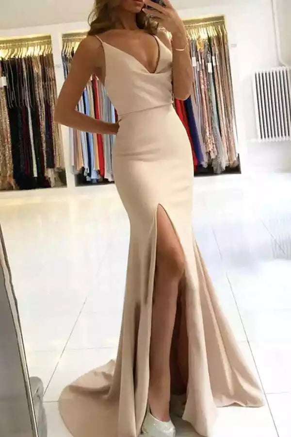 Elegant Champagne Satin Gown with Spaghetti Straps & High Slit