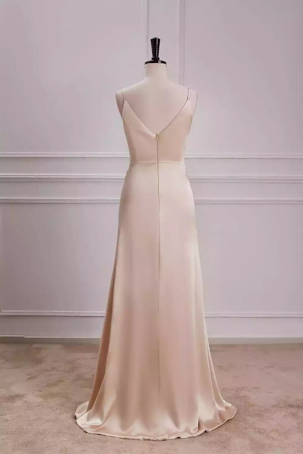 Elegant Champagne Satin Gown with Thin Straps & Asymmetric Drape
