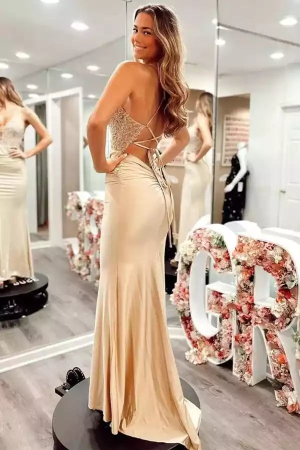 Elegant Champagne Satin Mermaid Gown with Lace Bodice & Crisscross Back