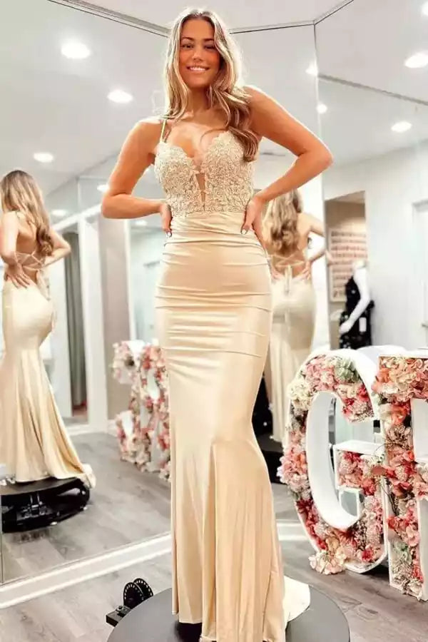Elegant Champagne Satin Mermaid Gown with Lace Bodice & Crisscross Back