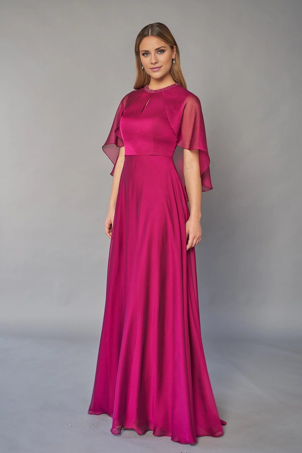 Elegant Chiffon A-line Gown with Hand-Beaded Jewel Neckline and Flowing Caplet Mother of the Bride Dresses