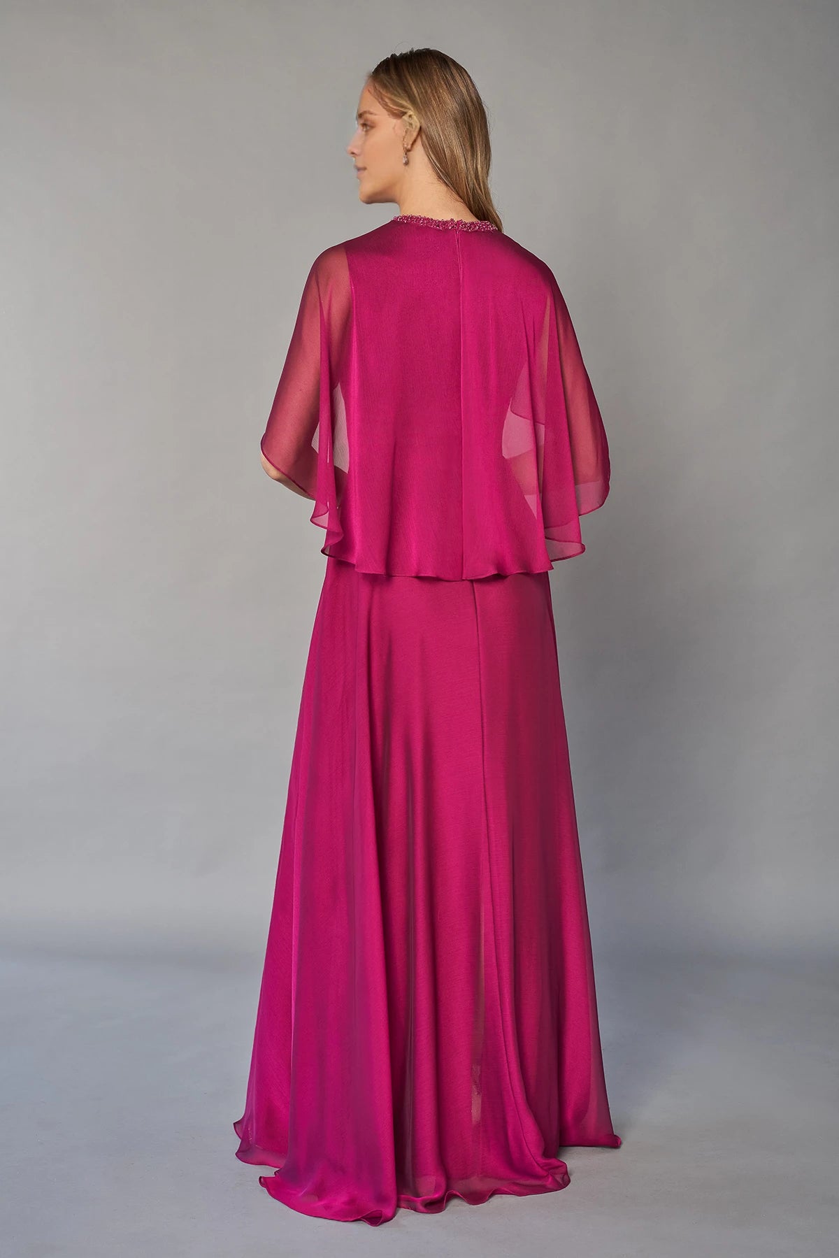 Elegant Chiffon A-line Gown with Hand-Beaded Jewel Neckline and Flowing Caplet Mother of the Bride Dresses