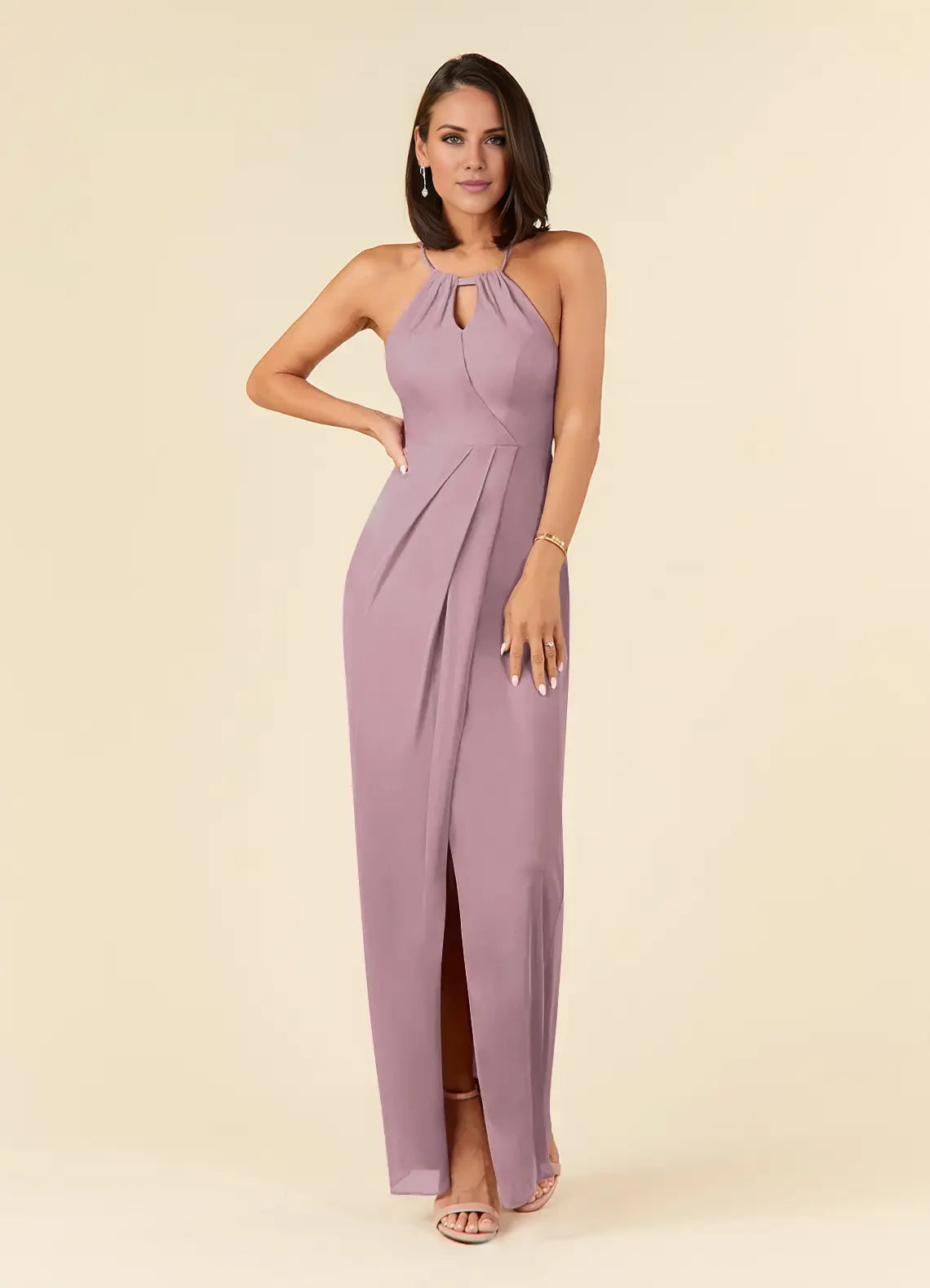 Elegant Column Halter Sleeveless Back Zip Floor-Length Mother of the Bride Dress