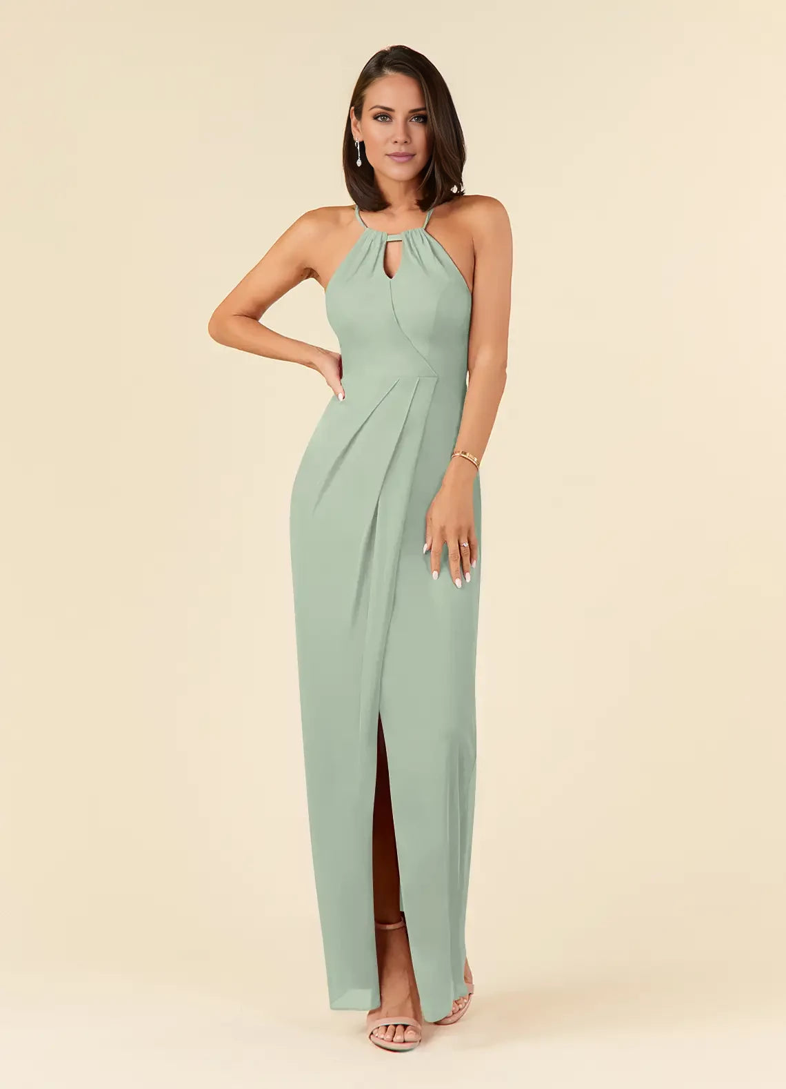 Elegant Column Halter Sleeveless Back Zip Floor-Length Mother of the Bride Dress