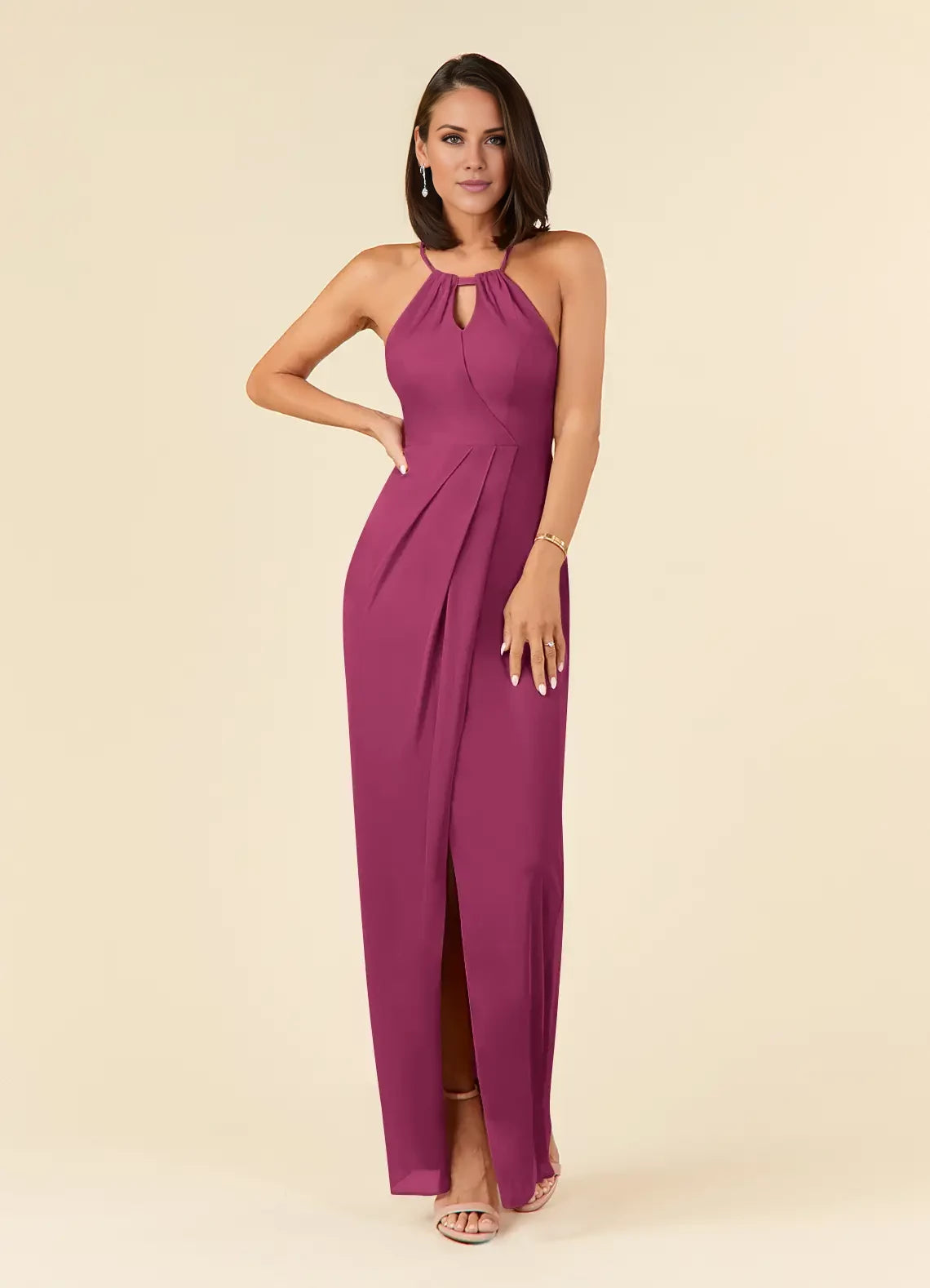 Elegant Column Halter Sleeveless Back Zip Floor-Length Mother of the Bride Dress