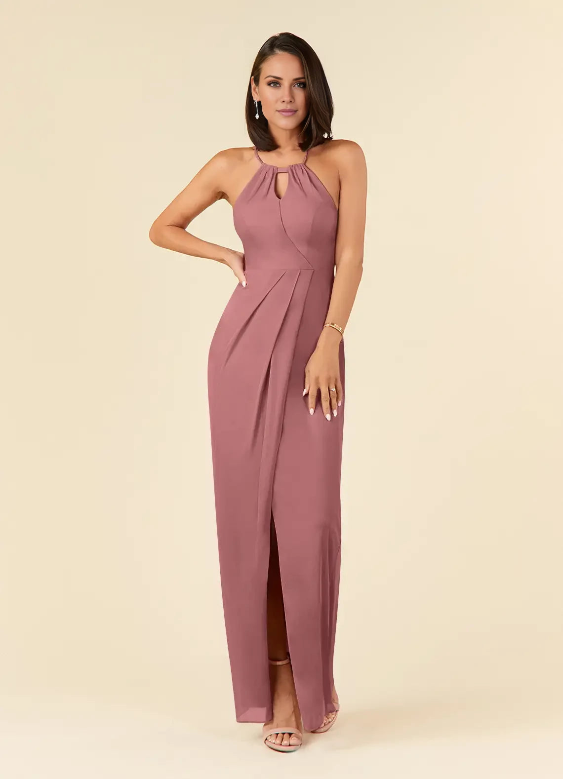 Elegant Column Halter Sleeveless Back Zip Floor-Length Mother of the Bride Dress