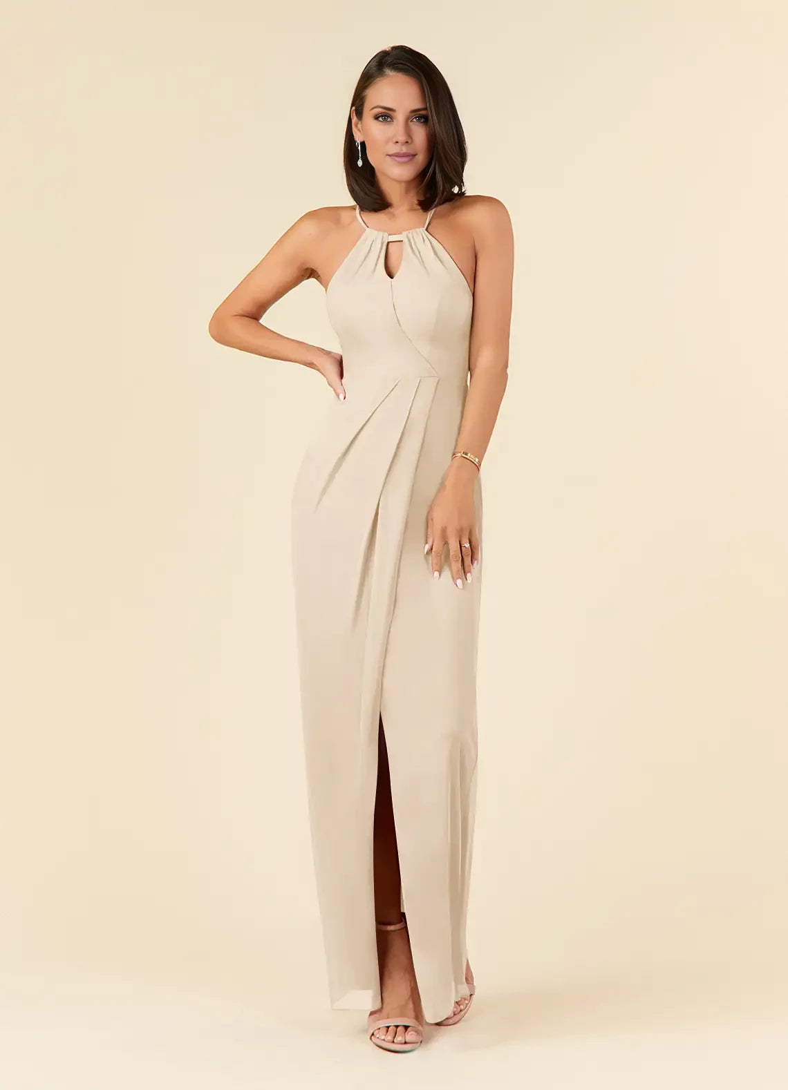 Elegant Column Halter Sleeveless Back Zip Floor-Length Mother of the Bride Dress