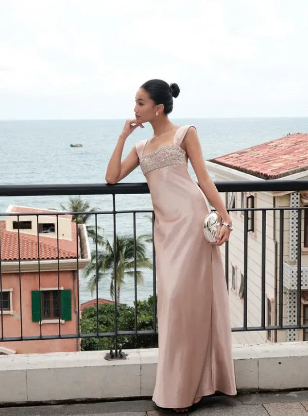 Elegant Column Square-Neck Beaded-Bodice Champagne Satin Gown