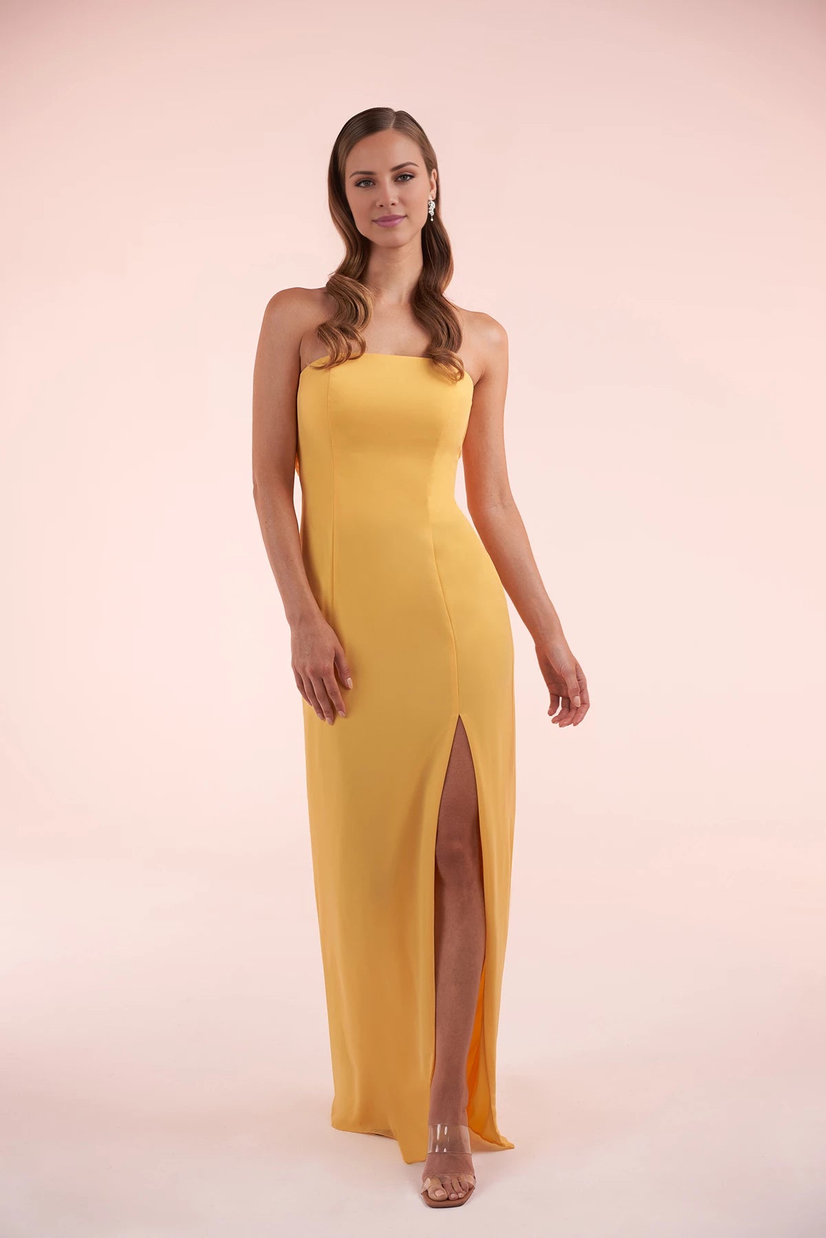 Elegant Column Strapless Sleeveless Back Zip Floor-Length Side Slit Bridesmaid Dress