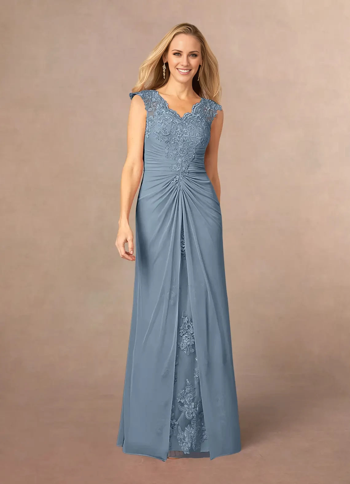 Elegant Column V Neck Sleeveless Back Zip Floor-Length Mother of the Bride Dress