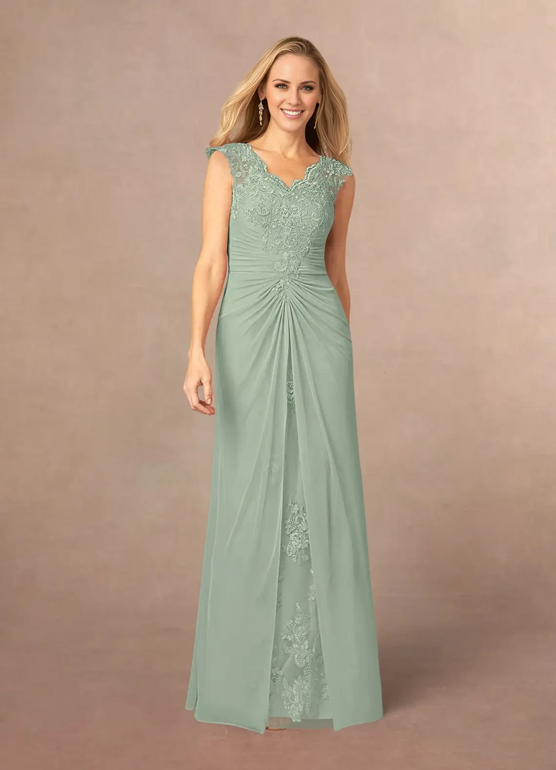 Elegant Column V Neck Sleeveless Back Zip Floor-Length Mother of the Bride Dress