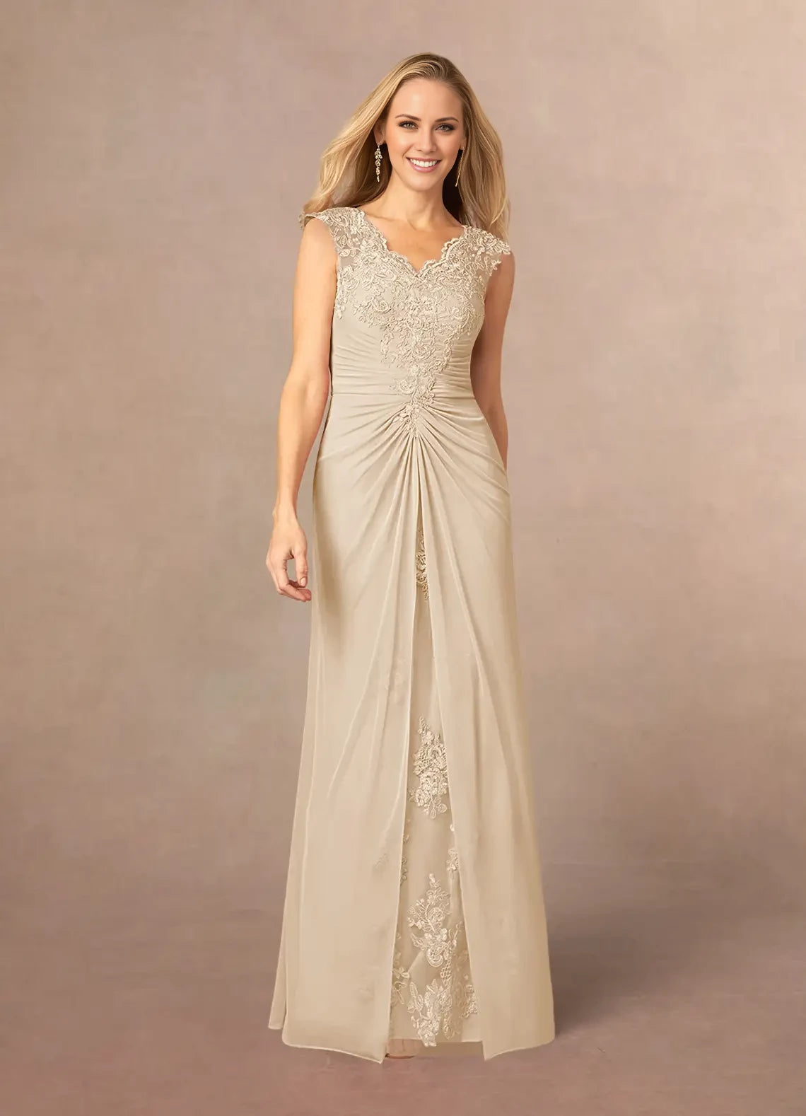 Elegant Column V Neck Sleeveless Back Zip Floor-Length Mother of the Bride Dress