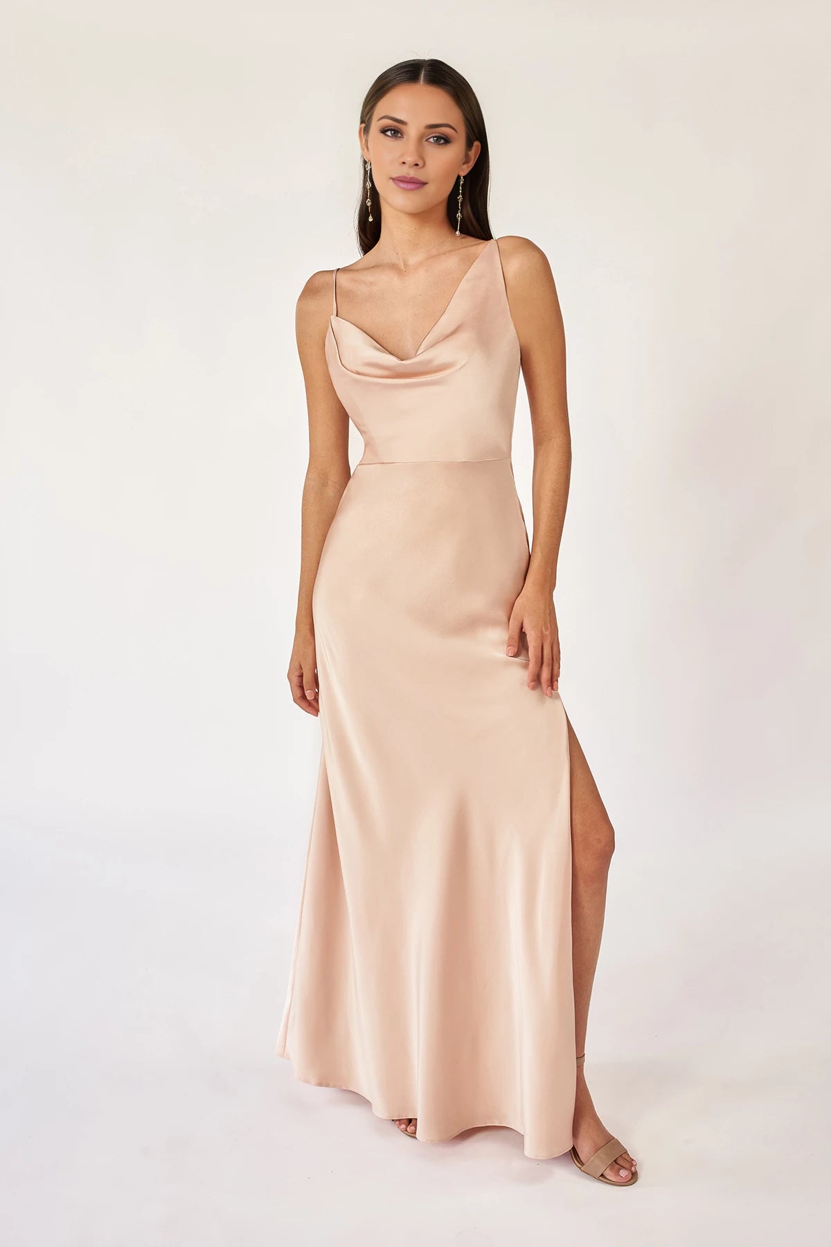 Elegant Cowl Neck Spaghetti Straps Back Zip Floor-Length Bridesmaid Dress