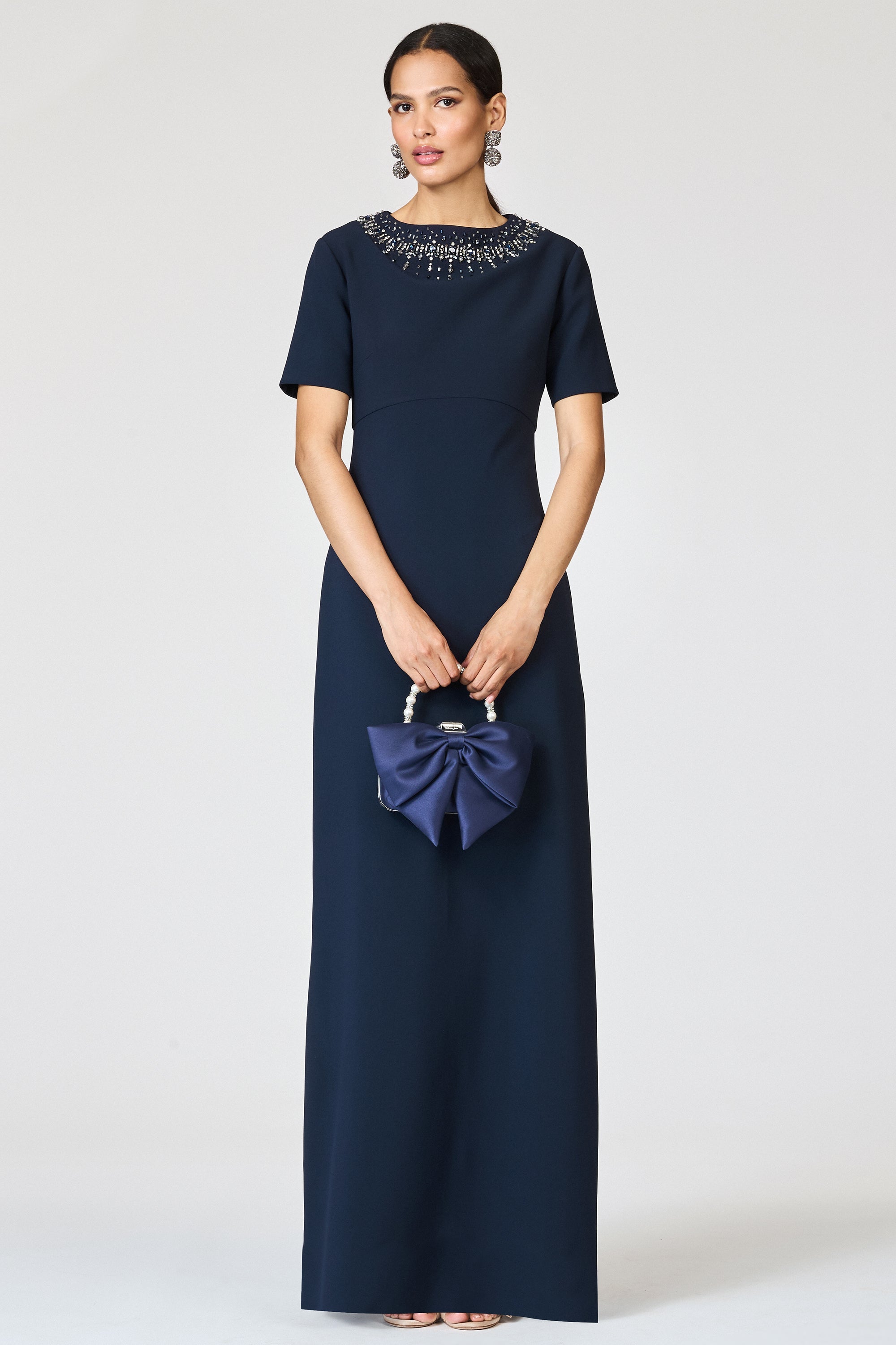 Elegant Crepe Mother of the Bride Dresses with Short Sleeves, Beaded Neckline and Back Slit Formal Gown