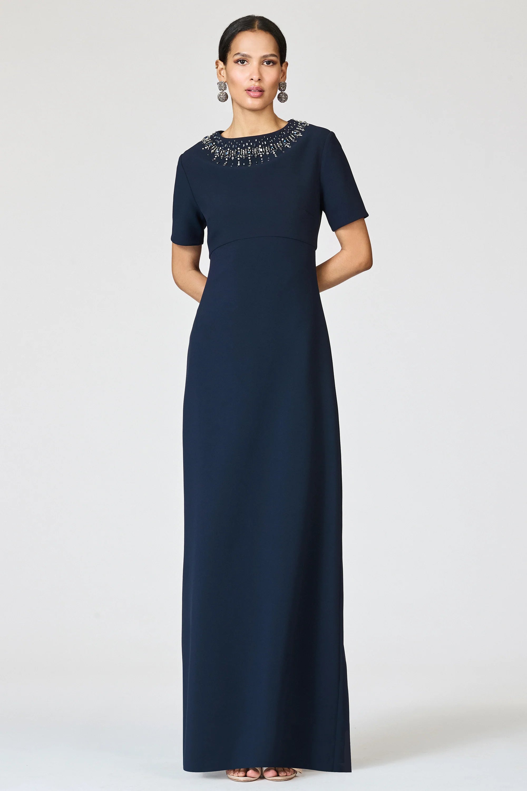Elegant Crepe Mother of the Bride Dresses with Short Sleeves, Beaded Neckline and Back Slit Formal Gown