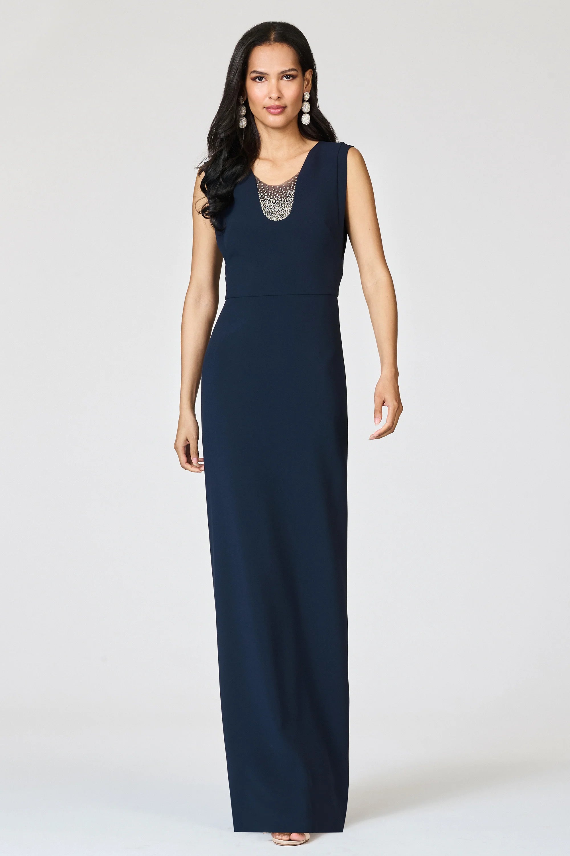 Elegant Crepe Mother of the Bride Dresses with Sleeveless Neckline, Beaded Mesh Inset and Back Slit Formal Gown