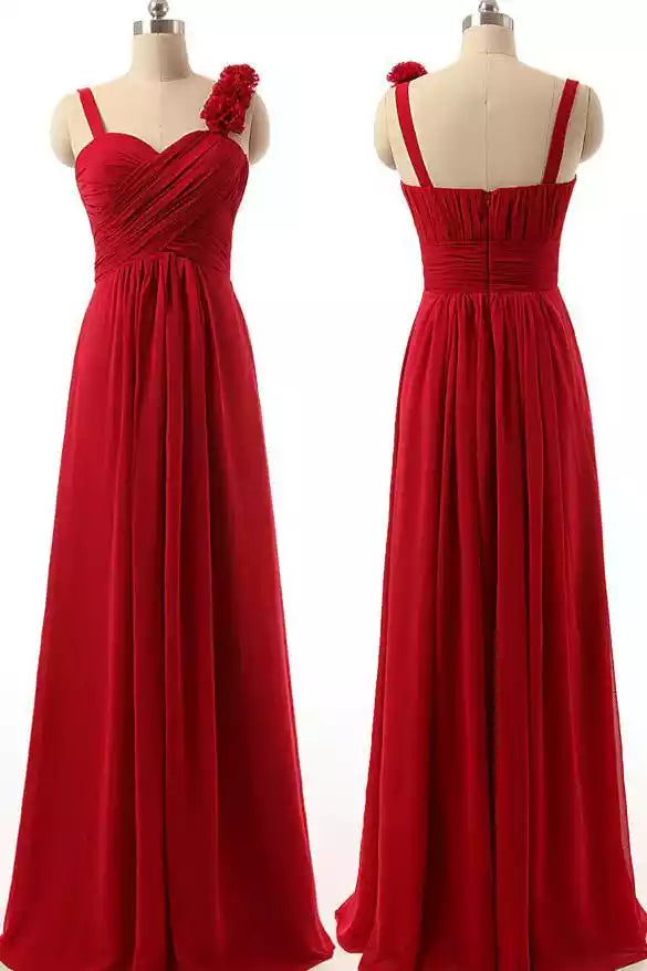 Elegant Crimson Chiffon Gown with Spaghetti Straps & Floral Accent