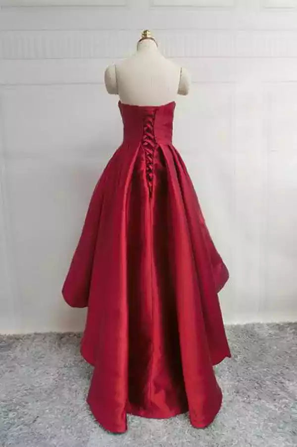 Elegant Crimson Red Satin High-Low Ballgown with Strapless Sweetheart Neckline